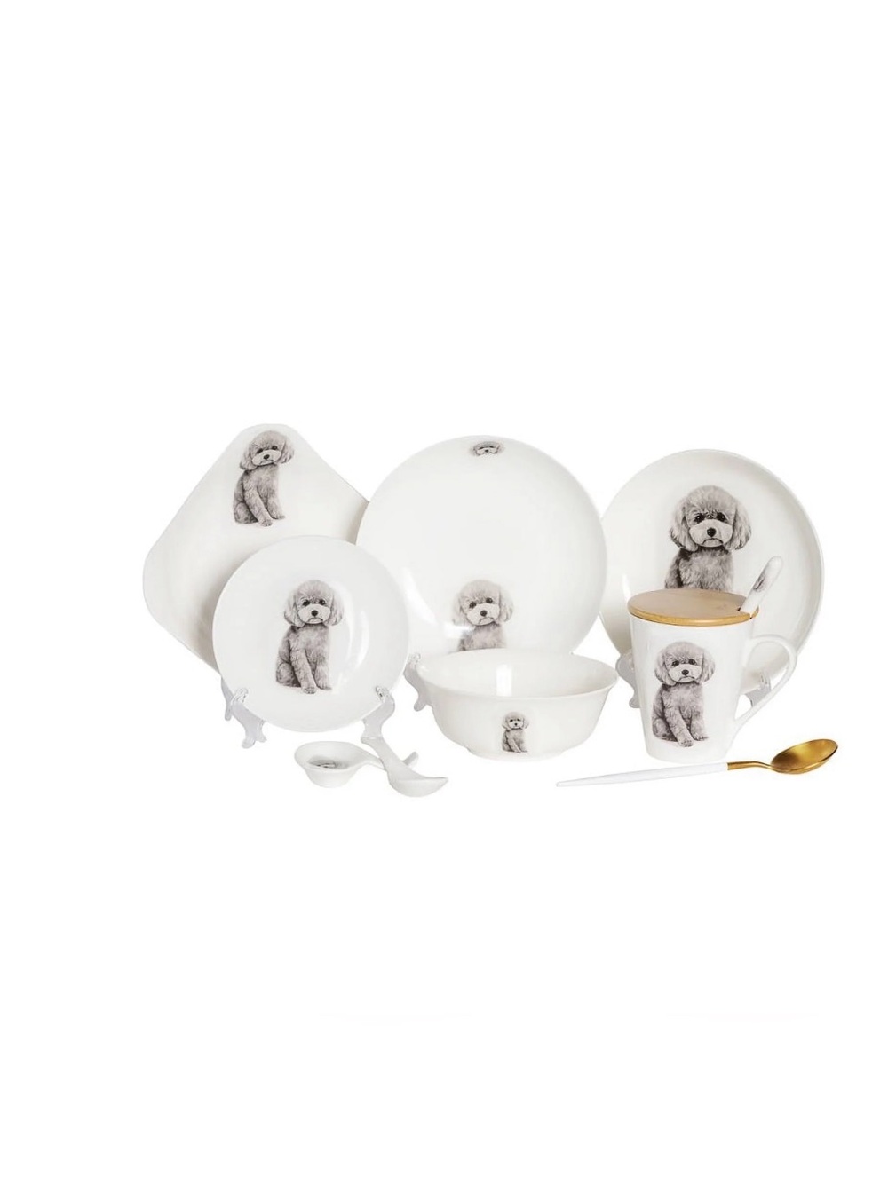Grey Toy Poodle Pet Portrait Porcelain China Dinnerware Set 11Pc